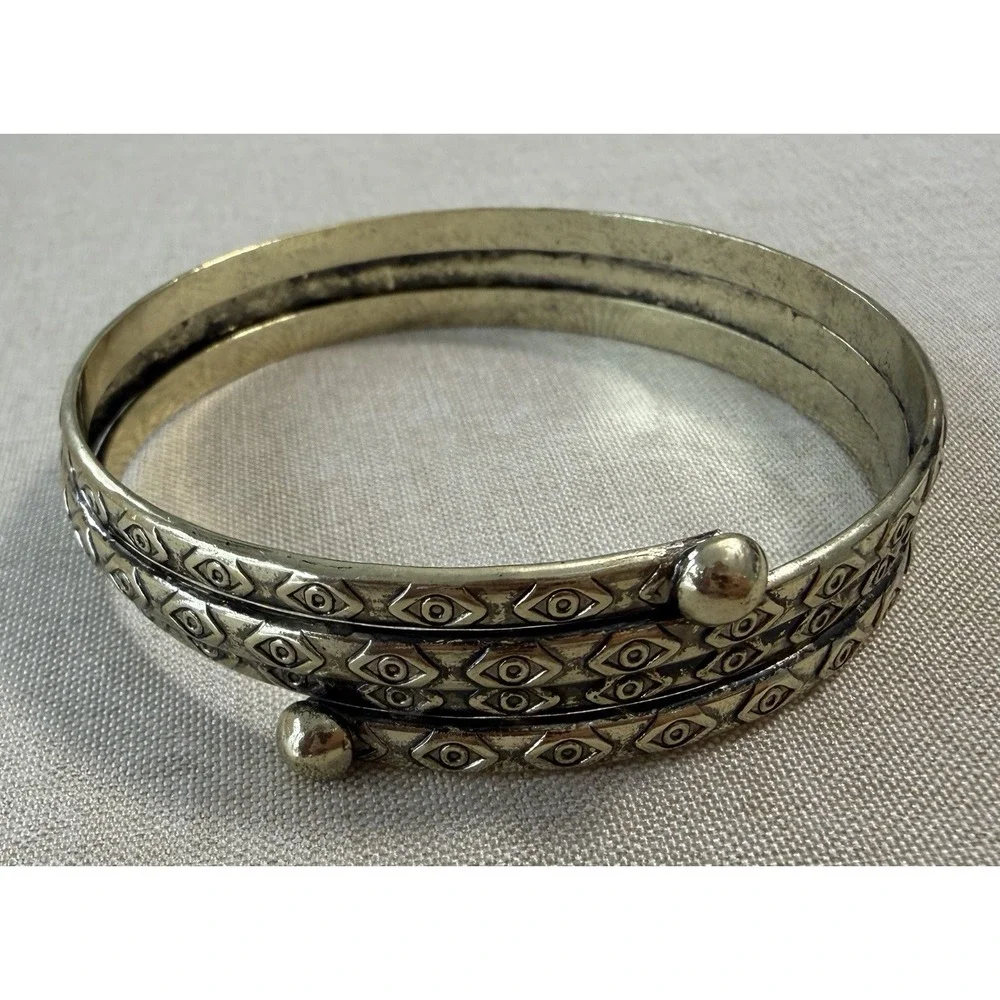 Vintage Brass Evil Eye Triple Band Cuff Bracelet Boho Tribal Adjustable Wide - Picture 1 of 10